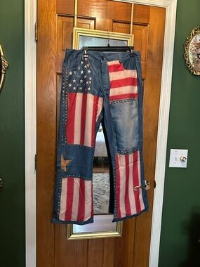 Women's Bootcut Patchwork Flag Pants- Blue Red White